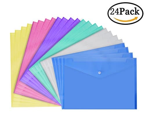 SUNHE 24pcs Waterproof Transparent Poly Envelope, Document Folder With Snap Button Closure, A4 Size, 6 Assorted Colors (Colorful)