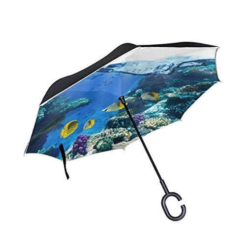 AIDEESS Coral Reef Print Windproof Reverse Folding Double Layer Inverted Umbrella with C-shaped Hands Free Handle for Travelling and Car Use