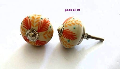 Om Creation Leaf design set of 10 door knobs and drawer pulls,ceramic door knobs,ceramic cabinet knobs, Ceramic drawer pulls (Red-Orange)