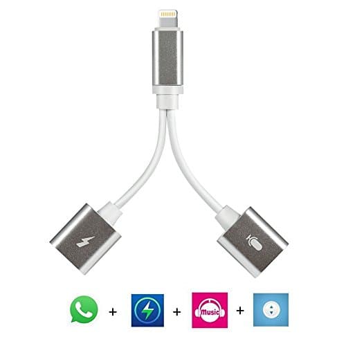 2 in 1 iPhone X / iPhone 8 / iPhone 8Plus / iPhone 7 / iPhone 7Plus adapter,2 in 1 to Dual Lightning Splitter Cable with Charging &amp; Audio for iPhone X/8/8Plus/7/7 Plus, Support Phone Silver