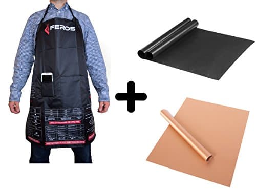 FEROS KIT - (5 Items!) FEROS Cheat Sheet BBQ Apron + 4 Mixed Grilling Mats - 2 Non-Stick Baking Mats &amp; 2 Copper Mats FDA-Approved, Reusable and Easy to Clean