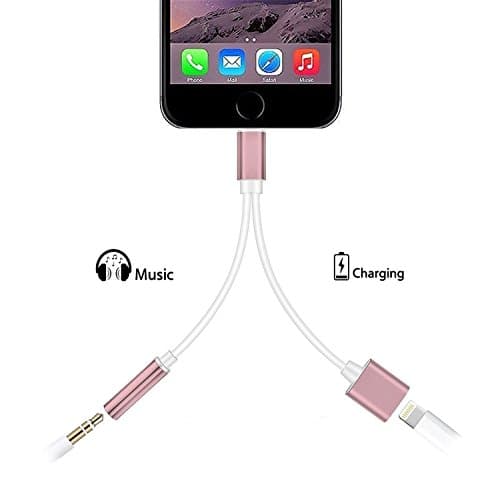 2 in 1 iphone 7/7 Plus adapter, (with Lightning Port Charging + 3.5 mm Port),Listen to Music with Favorite Headphone and Charge Your iPhone7 At the Same time(Rose Gold)