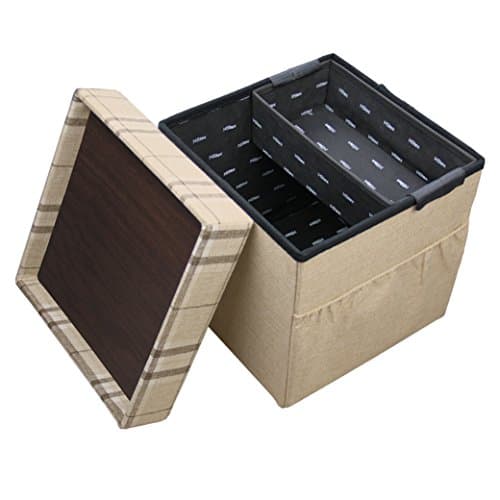 Small Square Folding Ottoman Storage Cube Coffee Table,Foot Rest Seat,Yarn-Dyed Fabric，Beige，HStex