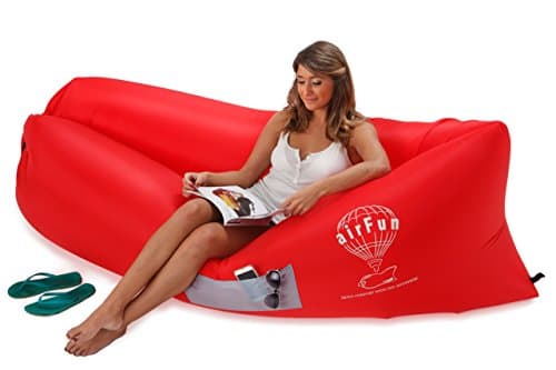 AirFun - Inflatable Lounger Air Filled Sofa Pool Float - Durable Rip Stop Nylon - Practical, Comfortable Design With Cup Holder &amp; Magazine Pocket - Lightweight, Compact, Portable - Red
