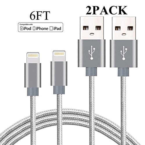 iPhone Cable,Extra Long 2Pack 6FT Nylon Braided Cord Lightning Cable to USB Charging Charger for iPhone 7/7 Plus/6S/6S Plus,SE/5S/5,iPad,iPod Nano 7, Grey