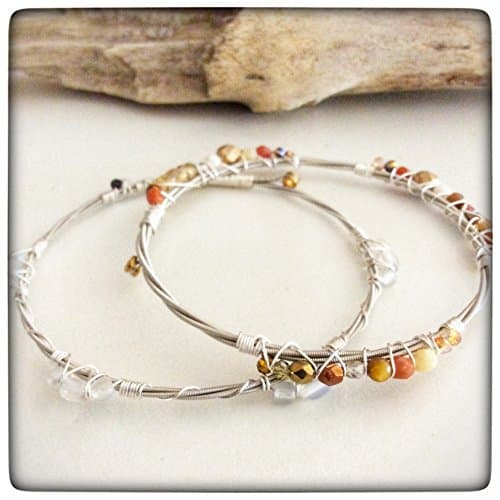Musically Inspired Wire Wrapped Guitar String Bangle Bracelet Set - Czech Crystal - Moonstone - Collectable - Stackable - Vegan - Eco Friendly - Ready to ship