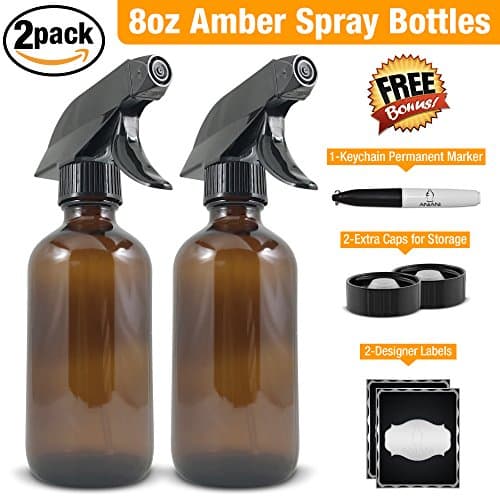 Empty Amber Glass Spray Bottle-Medium 8 oz Refillable Container for Essential Oils, Cleaning Products, or Aromatherapy-Black Trigger Sprayer w/ Mist and Stream Settings-2 PackBonus Free Extras