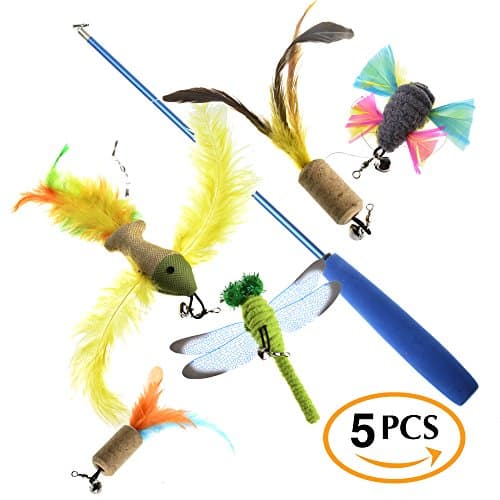 Cat Toy Interactive Retractable Cat Wand – Multi Teaser and Exerciser for Cat Kitten 5 Pieces Assorted Colors – With Bell Pet Cat Feather Toys