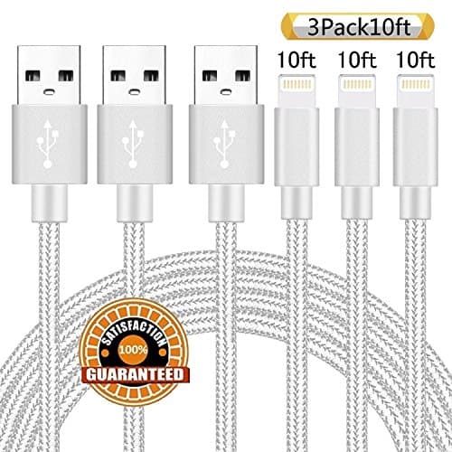 Suanna Lightning Cable 3PACK 10FT USB Syncing and Charging iPhone Cable Data Nylon Braided Cord Certified for iPhone X/8/7 Plus/6/6s/6+/5/5c/5s/SE/iPad/iPod Nano/iPod Touch (Silver)