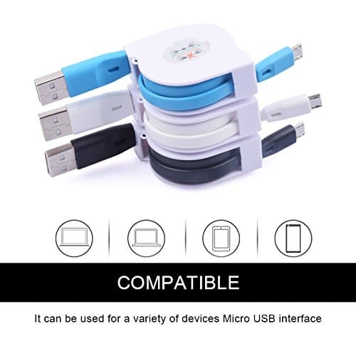 Micro USB Retractable Cable, Weiup [3-Pack] 3Ft 1M High Speed USB 2.0 A Male to Micro B Charger Cable For Samsung Galaxy S6 Edge/Tab4, HTC One M8, LG G4, and More, Black White Blue