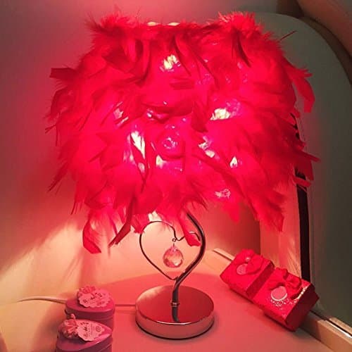 Heart Shape Red Feather Deco Table Lamp Crystal Bedside Table Lamp-Mother's Day Gift/Girls Birthday Gift