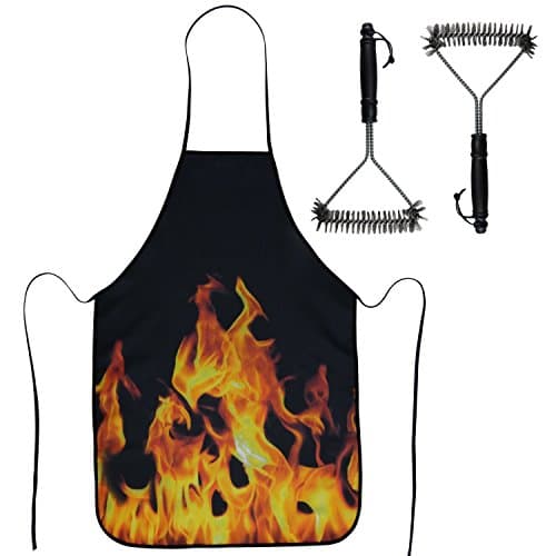 2 Pack BBQ Brush Scraper and Flame Apron set, perfect barbecue grill tool/accessories for men and women, Great cleaning wire brush for cleaner grills with awesome lightweight apron