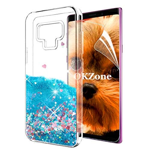 OKZone Case for Galaxy Note 9 Case Glitter [with HD Screen Protector], Fashioin Flowing Liquid Sparkly Bling Quicksand 3D Glitter Design TPU Protective Case For Galaxy Note 9 (Blue Heart)