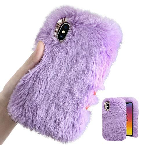 For iPhone XS Max Case [with HD Screen Protector],MOIKY Cute Warm Winter Fluffy Furry Plush Soft Flexible Silicon TPU Case with Bowknot Diamond for iPhone XS Max,Purple