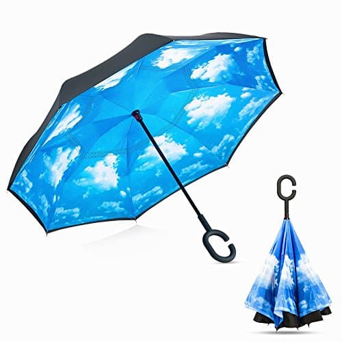 Inverted Umbrella, Wim Double Layer Reverse Folding Umbrella Windproof UV Protection Parasol Big Straight Umbrella for Car Rain Outdoor With C-Shaped Handle (Sky Blue)