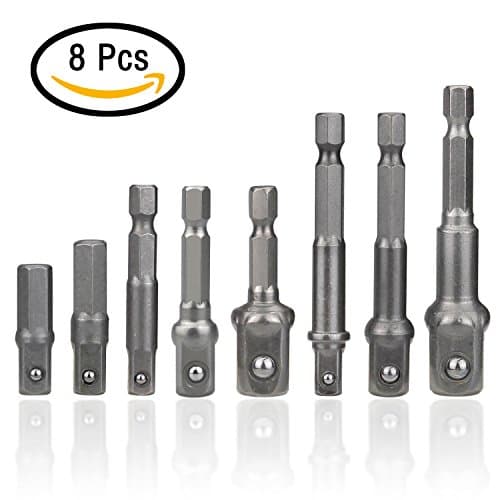 8pcs Socket Adapter/Extension Set Turns Power Drill Into High Speed Nut Driver. 1/4", 3/8", and 1/2" Bits New