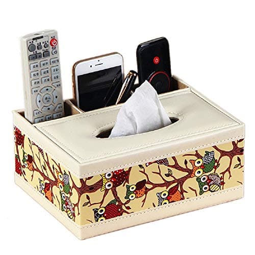Rectangular Tissue Box Cover, ultifunction PU Leather Pen Pencil Remote Control Tissue Box Cover Holder Desk Storage Box Container for Home and Office Use (The owl)