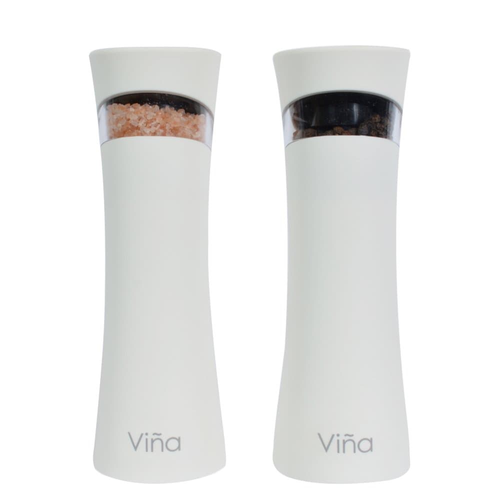 Vina Automatic Gravity Salt and Pepper Grinder Set, Pack of 2, Electric Ceramic Core Mills Shaker with Adjustable Grinding Coarseness, Free Garlic Roller Included, White