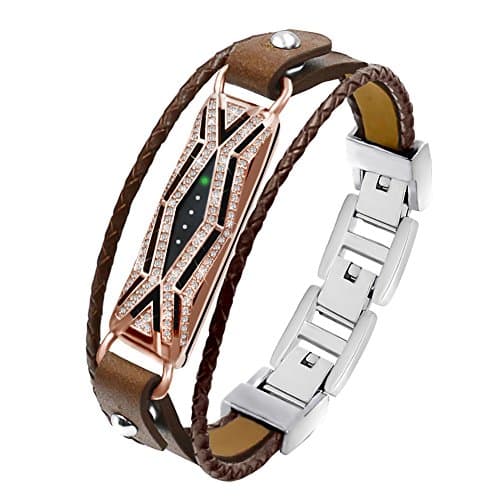 TENGL Compatible Fitbit Flex 2 Bands Bracelet, Adjustable Replacement Genuine Leather Braided Wristbands Metal Clasp with Rhinestone Large Small