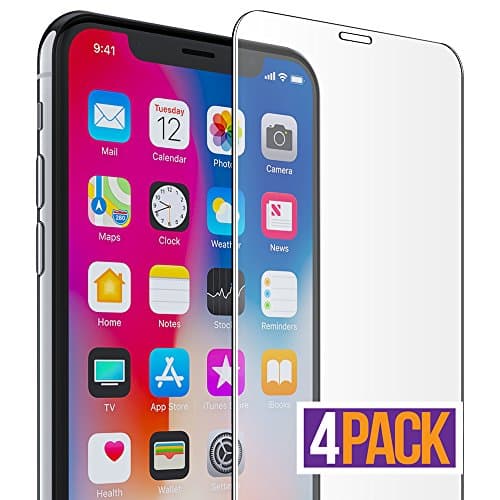 FlexGear iPhone X XS Glass Screen Protector [Coverage Plus] Premium Clear, Tempered, Designed for iPhone X/XS (4-pack)