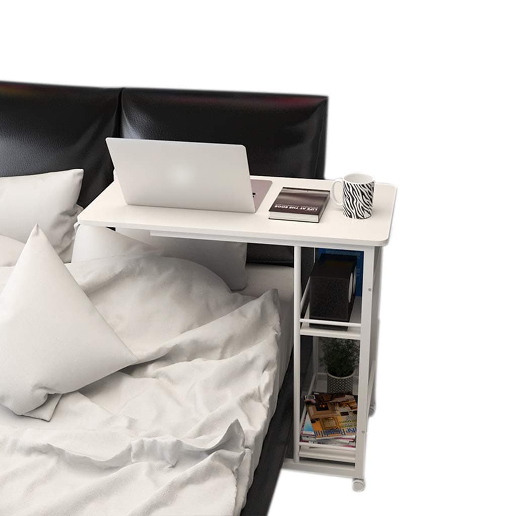 PLHMS Laptop Computer Desk, Lazy Bedside Table Overbed Table, Utility Mobile Rectangle Desktop Learning Conference Table, Eating Breakfast Cart Stand,White