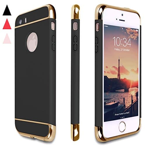iPhone 5 Case,iphone 5S Case, iPhone SE Case, HonKzi 3 In 1 Ultra Thin and Slim Hard Plastic Back Cover with Electroplate Metal Texture Bumper for Apple iPhone 5/5S/SE -Black