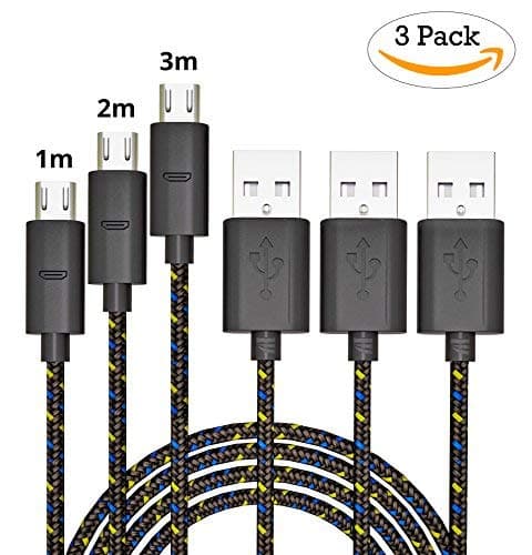 Bazar Express Micro USB Braided Data Cable For Samsung 1 m + 2 m + 3 m Braided Nylon Cord, USB Charger Micro USB Fast Charging For Samsung Galaxy, HTC, Nexus, Sony, Huawei, Asus [Pack of 3]