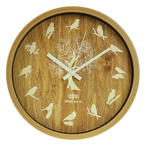 HENG DA SI Night Light Function Wall Clock Wood Grain 12 Inch Silent Non-Ticking Silver Battery Operated Indoor Clocks Modern Style for Kitchen Living Room Bedroom Office