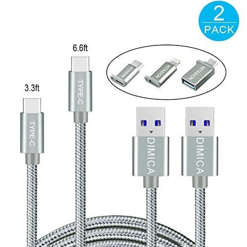 USB Type C Cable, 2 Pack (6.6ftx1, 3.3ftx1) Type C Cable with 56k Ohm Pull-up Resistor Nylon Braided Long Fast Charging Cord for LG G6 G5, Galaxy S8/S8 Plus, Macbook 12, Google Pixel XL More,Grey