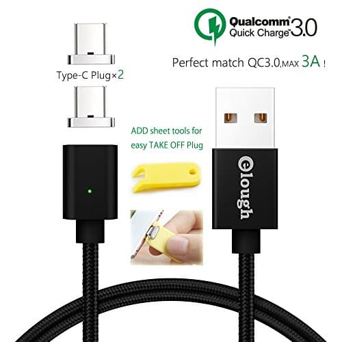 lough [ Quick Chrage 3.0 ] MAX 3A ! Type-C Magnet data Fast Charging Cable 3.3ft Magnetic Micro-usb-C for Android phone 2 Tips Can used in Nintendo Switch (QC3.0-Type-C×2 Straight 1M Black)