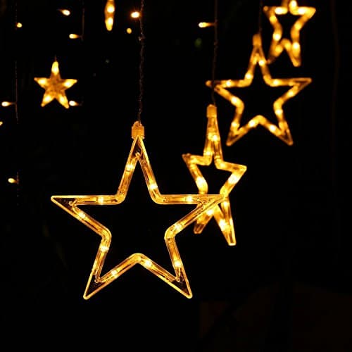 Curtain String Lights 138 LED 8.2ft Star Linkable (6 Small 6 Big), Power Operated Christmas Lights for Outdoor, Indoor, Bedroom, Party Decorations (Warm White)
