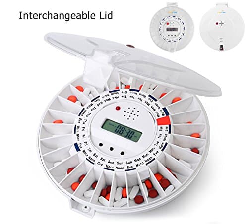 LiveFine Automatic Pill Dispenser W/ Solid &amp; White Lids Included, 28-Day Electronic Medication Organizer with Alerts, Flashing Light and Safety Latch - Dispenses Prescriptions Up To 6 Times Per Day -