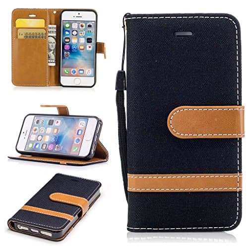 For iPhone 5/5S/SE Case [with Free Screen Protector], Metatze Premium Soft PU Leather Cowboy Cloth Wallet Cover Case For iPhone 5/5S/SE(Black)