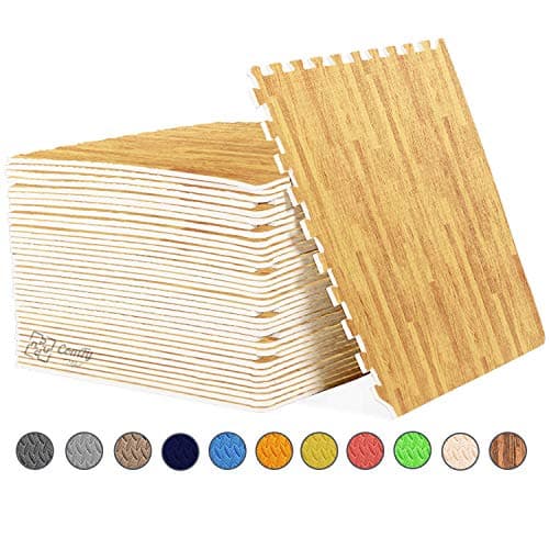 COMFY Puzzle Exercise Mat, EVA Foam Interlocking Tiles, Protective Flooring for Gym Equipment and Cushion for Workouts (Light Wood Pattern, 24 TILES (96 Square feet))