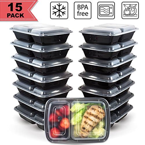 [15 Pack] FreshPREP Meal Prep Containers - Reusable, Stackable, BPA Free, Microwave, Freezer & Dishwasher Safe Fitness Meal Containers - Food Prepping Portion Control Container - 2 Compartment - 32oz