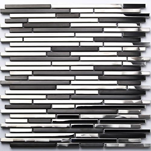 Stainless Steel Tile Interlocking Black Silver CD Marks Kitchen Backsplash Decor Strip Metal Tile TSTMBT018 (11 PCS [12'' X 12''/Each])