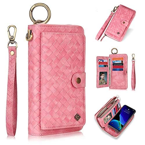 iPhone 11 Pro Max Case,HuiFlying Handmade Weave Pattern Leather Zipper Pocket Wallet Handbag with[Card Slots][Stand][Magnetic Detachable][Wrist Strap][Hang Ring] for Apple iPhone 11 Pro Max (Rose Red)