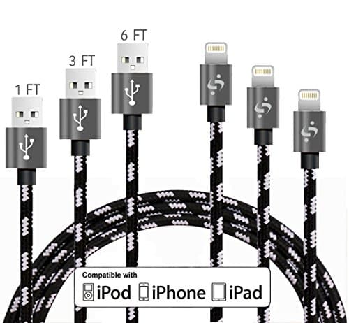 SyncTech Nylon Braided Durable 1FT 3FT 6FT Lightning Cable to USB High Speed Data Sync Charger for iPhone 7/6s/6/5/5s/SE/Plus iPad Mini/Air/Pro (D.) Black - 1FT - 3FT - 6FT)