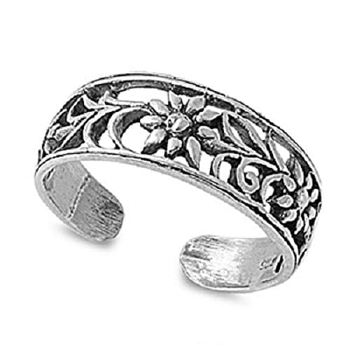 Adjustable Size Toe Ring Solid 925 Sterling Silver Flower Toe Ring (Width 6mm)