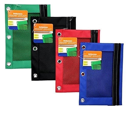 Kicko Pencil Case – 3 Ring Pouch with Mesh Window- Assorted Basic Colors Binder Pouch – 4 Pack Durable and Heavy Duty Pencil Holders – School Supplies, Office Products