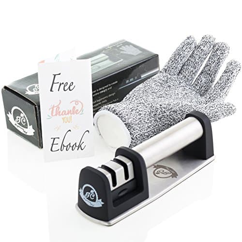Manual Knife Sharpener by Ingenious Chef | Two Stage Sharpening Kitchen Tool + Cut Resistant Glove + eBook with Tips for Cooking like a Chef