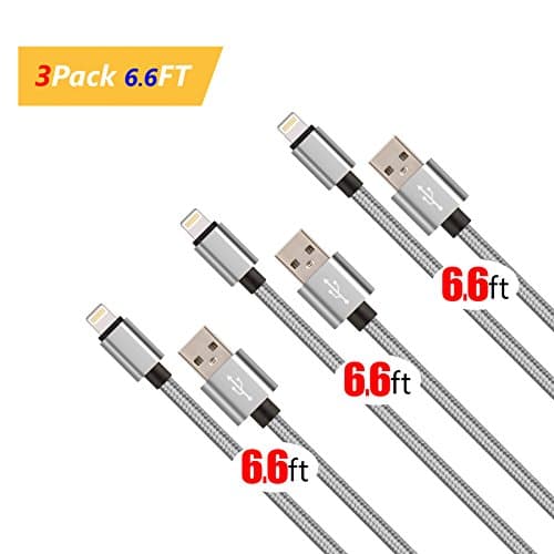 Lightning cable, 3-Pack(6.6ft) Durable and Fast Charging (Dual Layer Protection), for iPhone 7/7 plus/6/6plus/6s/6splus/5/5s/5c/SE, iPad 2 3 4 Mini Air Pro, iPod -White