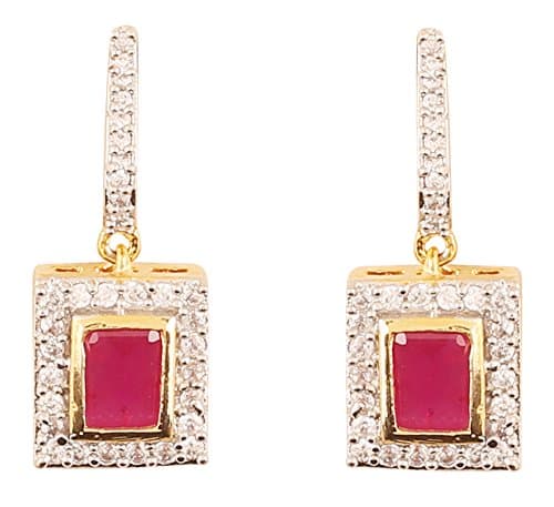 SunSoul Diamond Look Geometric Rectangular Shape Lipstick Red Faux Ruby and Cubic Zirconia Earrings in Gold and Silver Tone for Women.