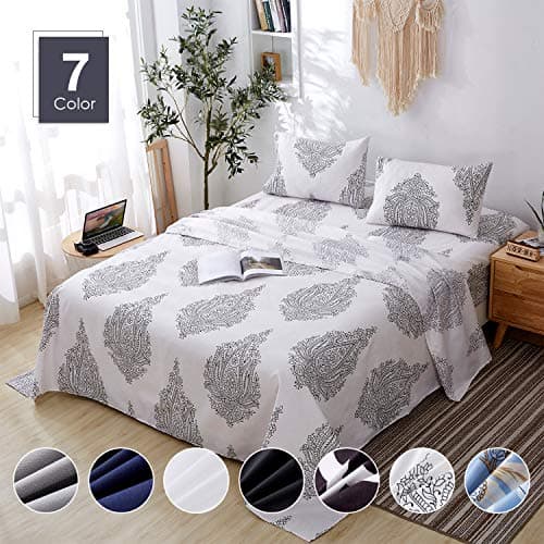 Agedate 4 Piece Brushed Microfiber Bed Sheets Set, Deep Pocket Bed Sheets Queen, Hypoallergenic, Easy to Care, Fade, Stain and Wrinkle Resistant, Queen Size, White and Black Paisley Patterned