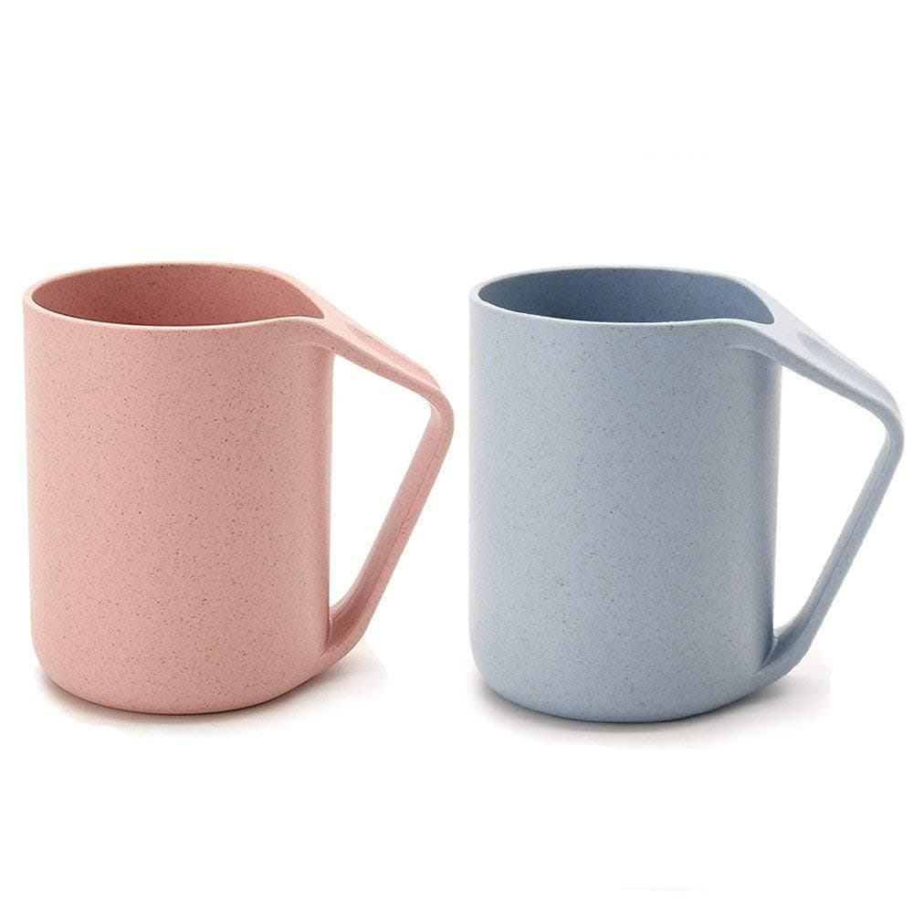 Retro Eo-friendly Wheat Straw Lightweight Cup Biodegradable Mug Plastic Tumbler for Water, Coffee, Milk,Tea Size 13.5 oz Blue&Pink Pack Of 2