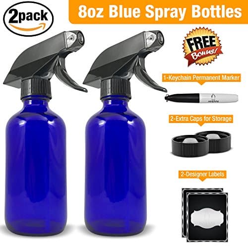 Empty Blue Glass Spray Bottle-Medium 8 oz Refillable Container for Essential Oils, Cleaning Products, or Aromatherapy-Black Trigger Sprayer w/ Mist and Stream Settings-2 PackBonus Free Extras