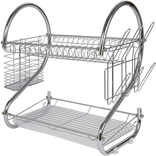 Modern Kitchen Chrome Plated 2-Tier Dish Drying Rack and Draining Board - Organized Utensil Holder, Mug Dryer, Fits Large Plates, Travel Mugs, and Baking Accessories - Quick Dry with Drip Tray