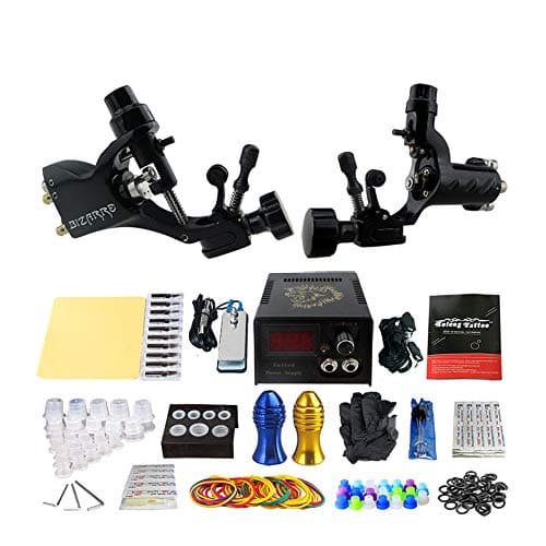 WOOLIY Complete Starter Beginner Tattoo Kit 2 Machine Guns Power Supply Foot Pedal Needles Grips Professional tattoo machine suit/secant playing fog [Energy Class A]