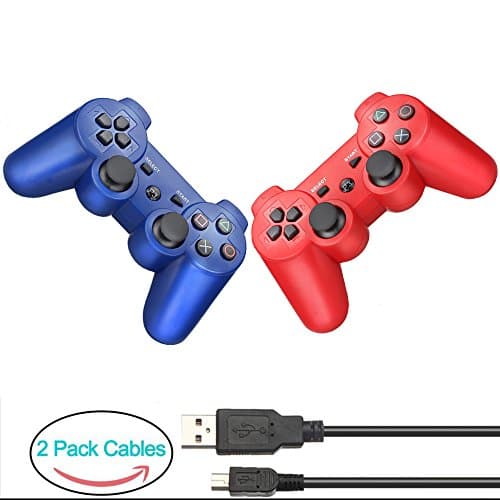 YOUCable PS3 Controller with 2 Packs Charger Cable Wireless Playstation 3 Remote Dualshock Bluetooth Gamepad (Blue+Red)