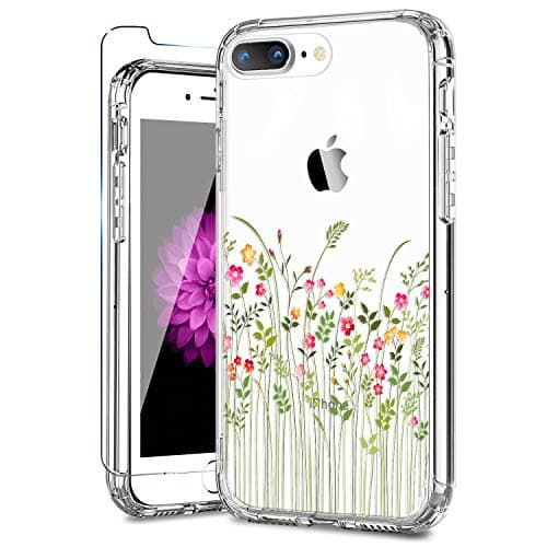 iPhone 8 Plus Case,iPhone 7 Plus Case with Screen Protector,Cute Flowers for Women Girls Soft Silicon Rubber TPU Plastic Cover Clear Bumper Slim Fit Protective Phone Case for iPhone 7 Plus 8 Plus